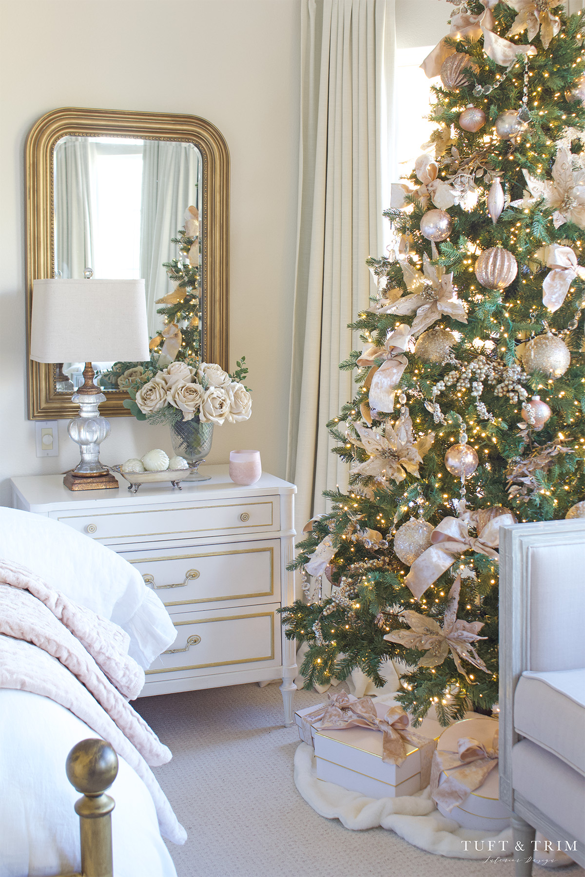 Cozy Blush Holiday Bedroom with Tuft & Trim Interiors