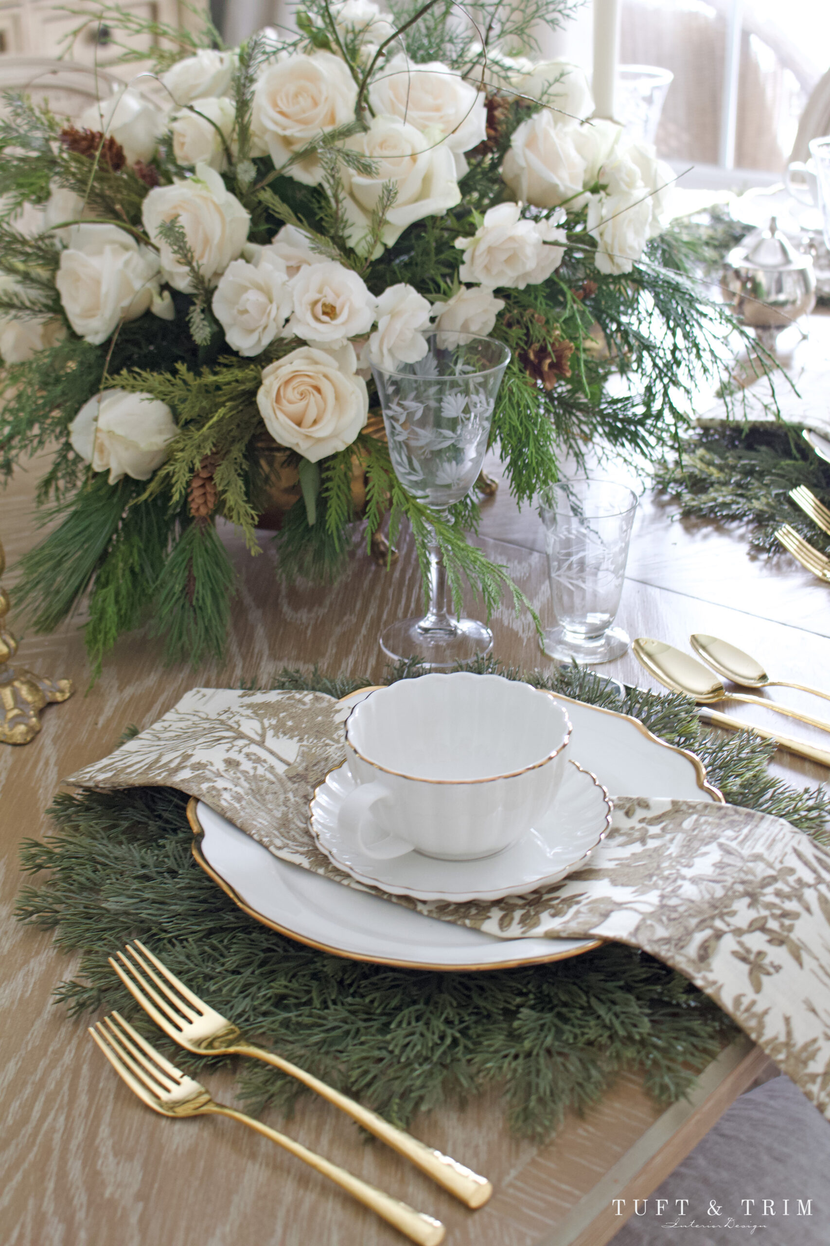 Holiday Table with Ivory Roses & Gold Toile by Tuft & Trim Interior Design