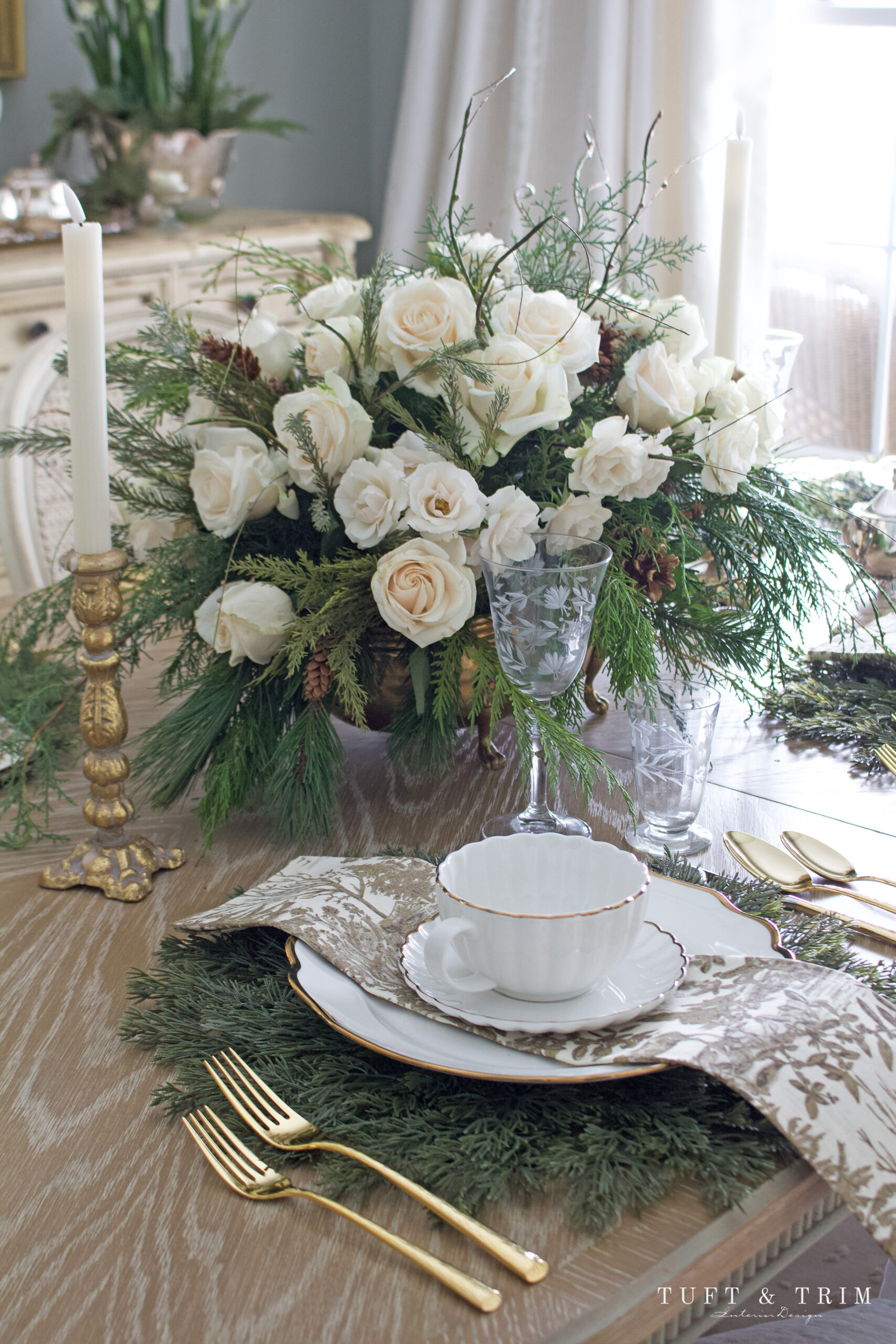 Holiday Table with Ivory Roses & Gold Toile by Tuft & Trim Interior Design
