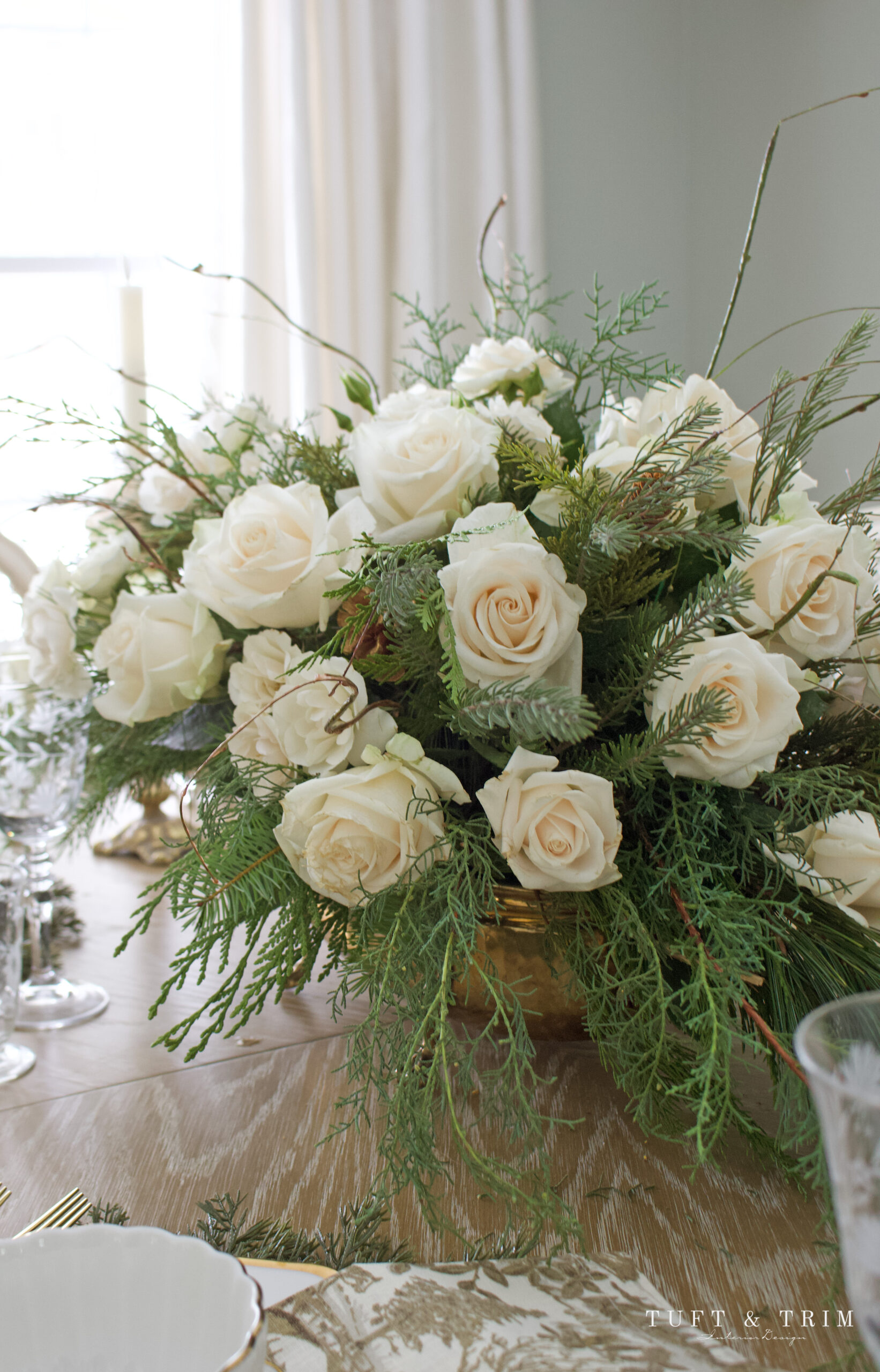 Holiday Table with Ivory Roses & Gold Toile by Tuft & Trim Interior Design