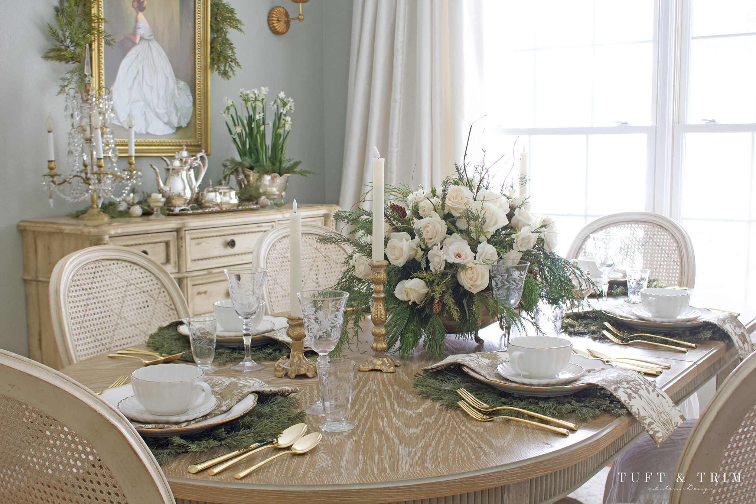 Holiday Table with Ivory Roses & Gold Toile by Tuft & Trim Interior Design