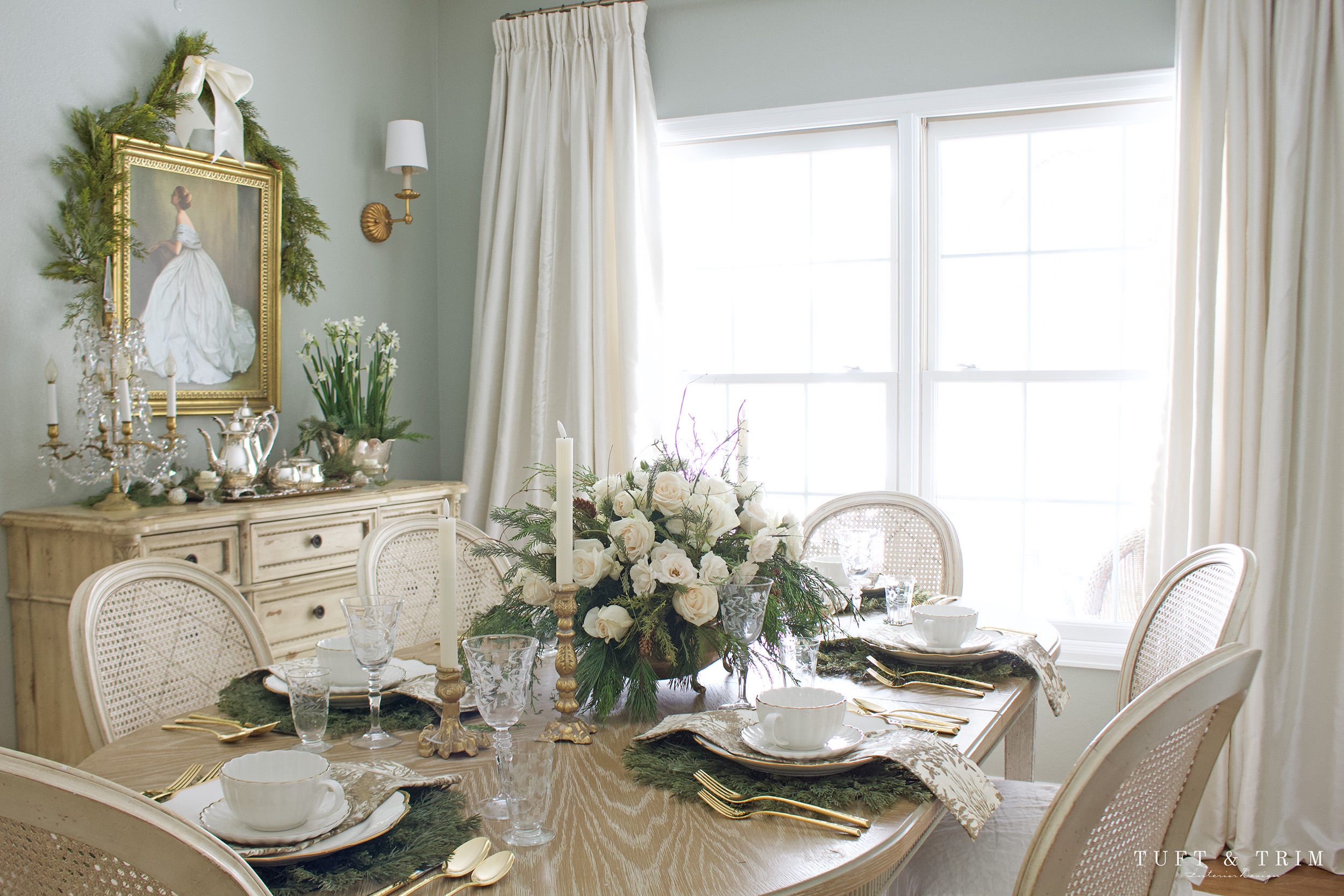 Holiday Table with Ivory Roses & Gold Toile by Tuft & Trim Interior Design