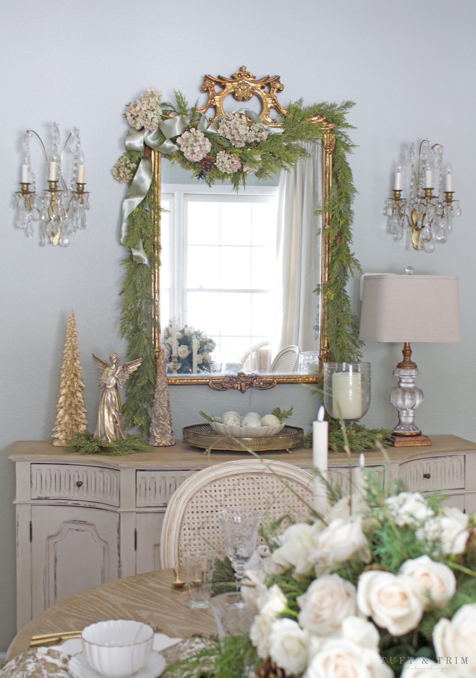 Holiday Table with Ivory Roses & Gold Toile by Tuft & Trim Interior Design