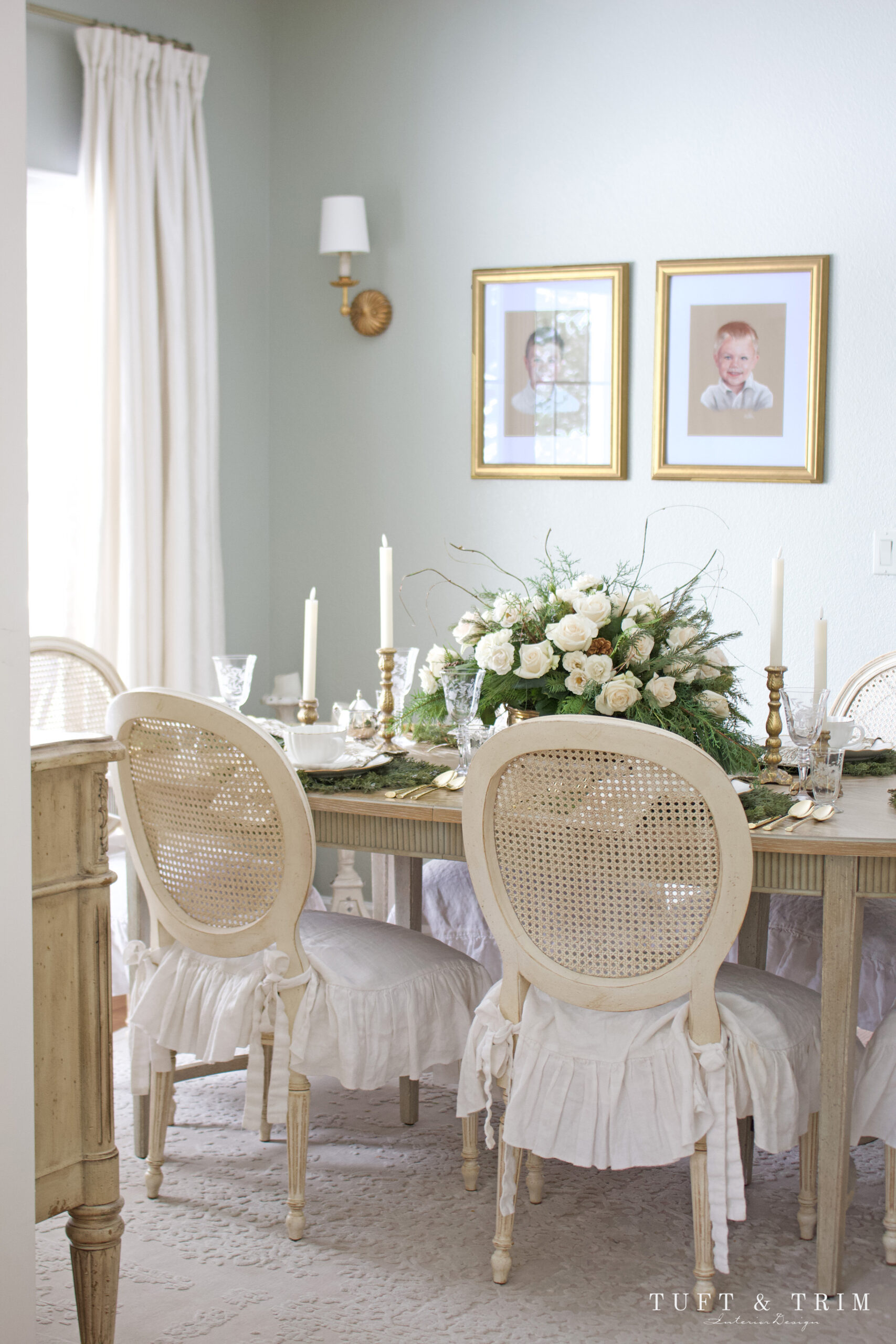 Holiday Table with Ivory Roses & Gold Toile by Tuft & Trim Interior Design