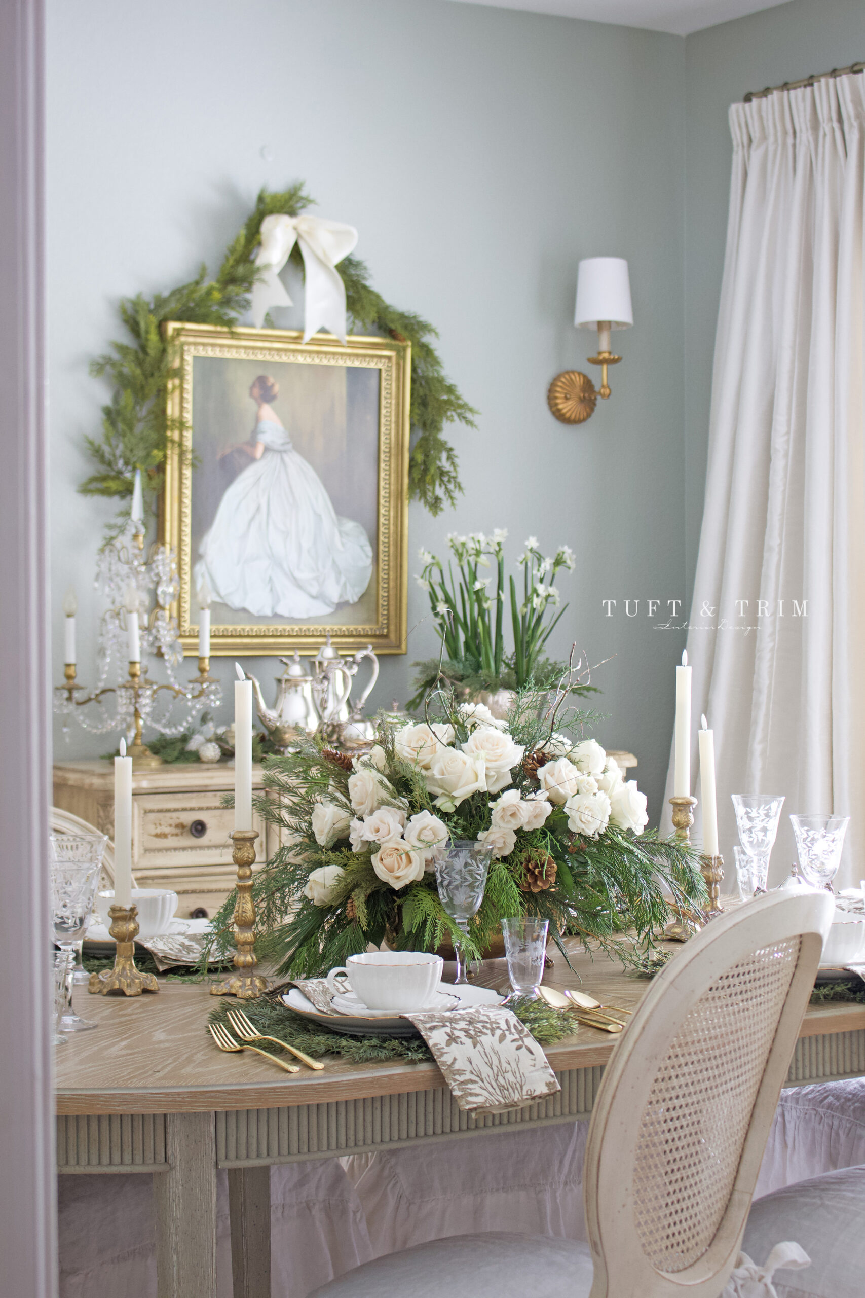 Holiday Table with Ivory Roses & Gold Toile by Tuft & Trim Interior Design