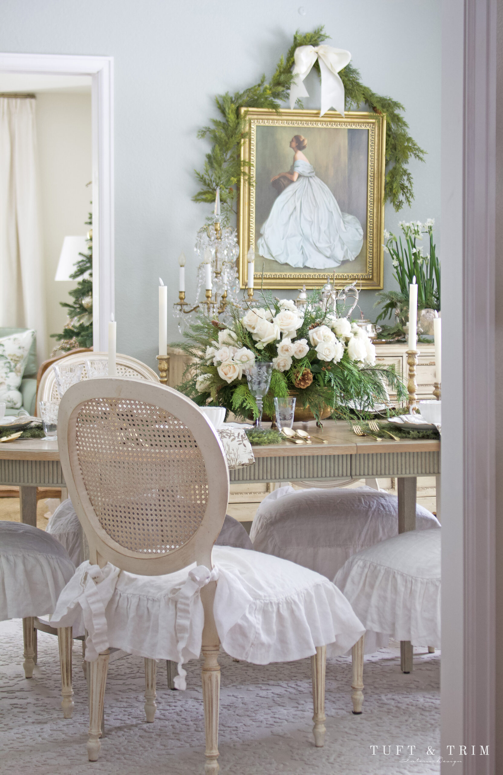 Holiday Table with Ivory Roses & Gold Toile by Tuft & Trim Interior Design