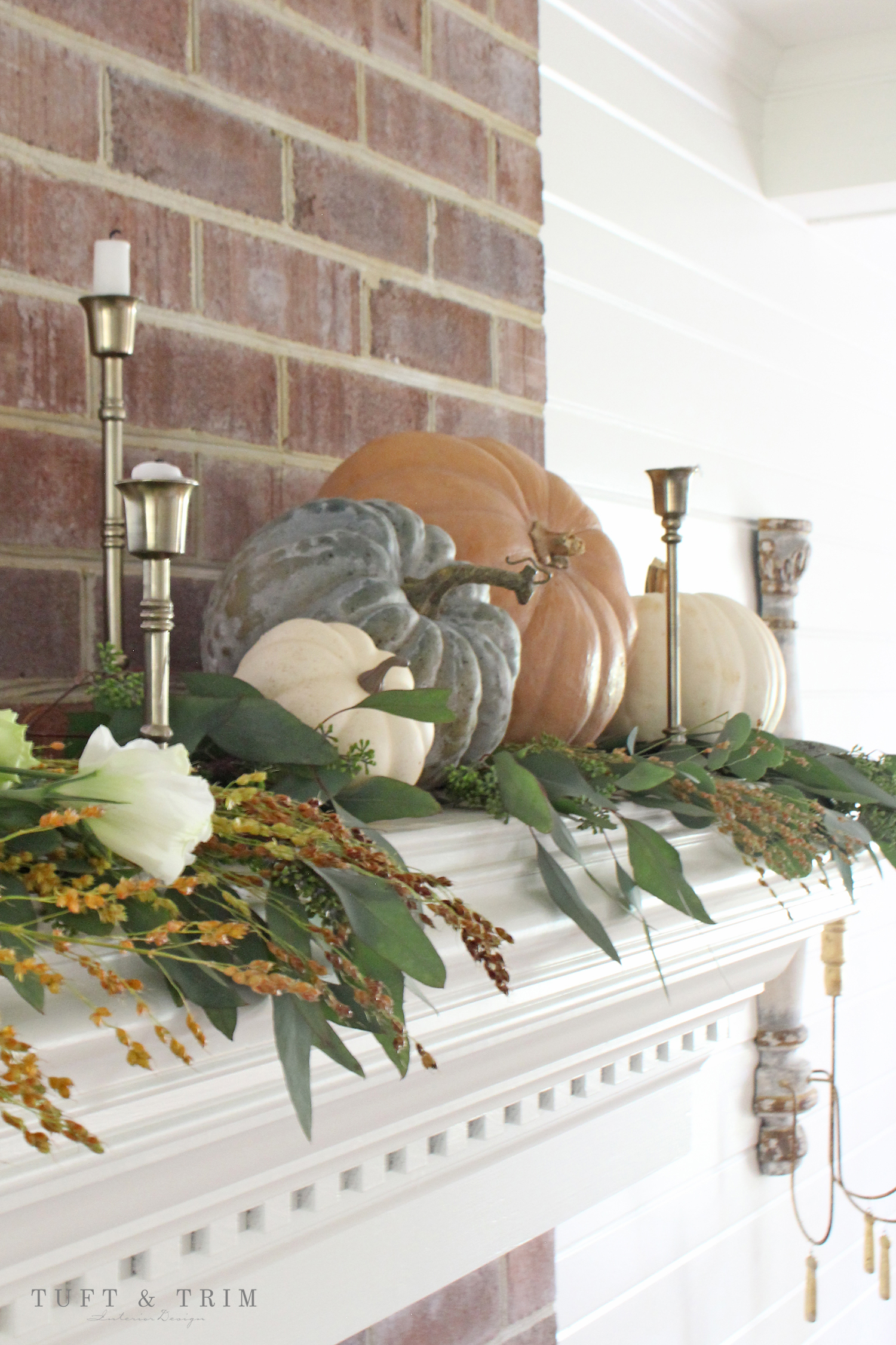 Elegant Autumn Mantel with Pumpkins & Greenery