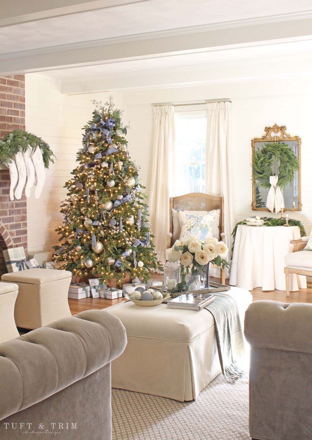 French Blue & Winter Green Christmas Living Room - Tuft & Trim