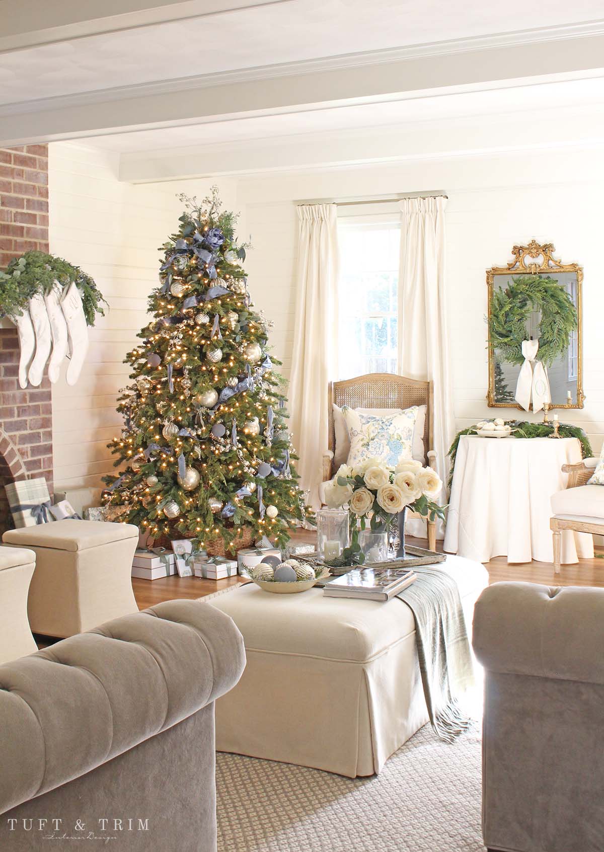 French Blue & Winter Green Christmas Living Room